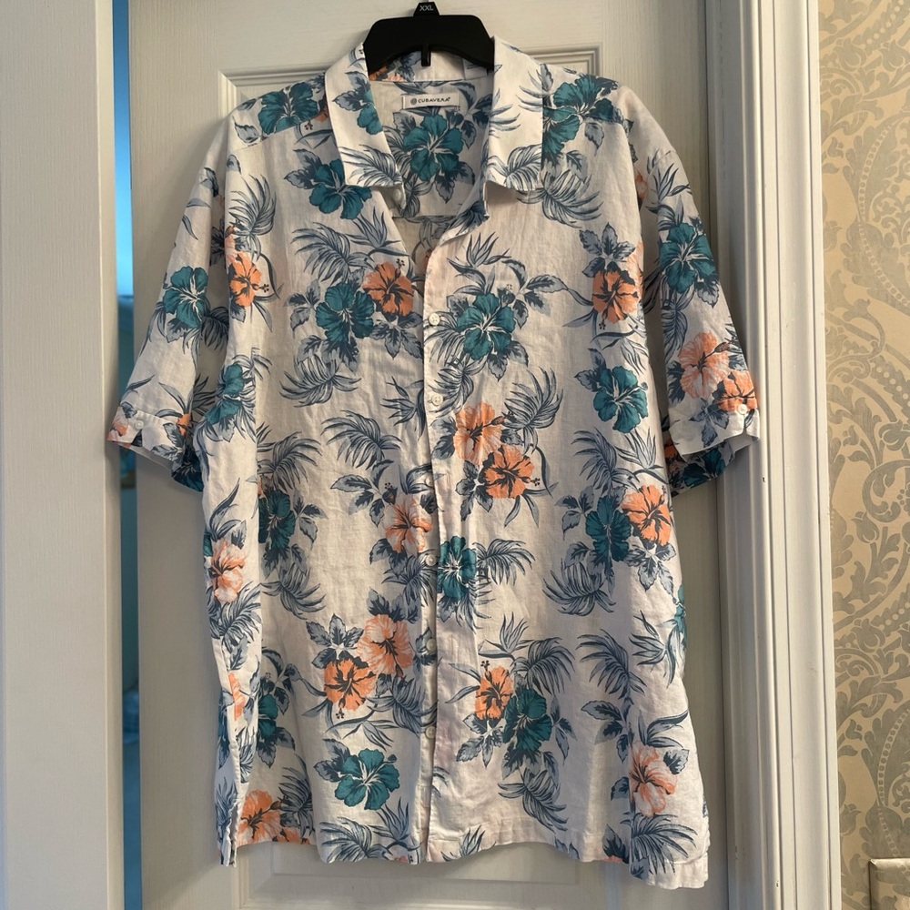 Cubavera Blue and Orange Floral Men's Hawaiian Shirt, 50% Linen